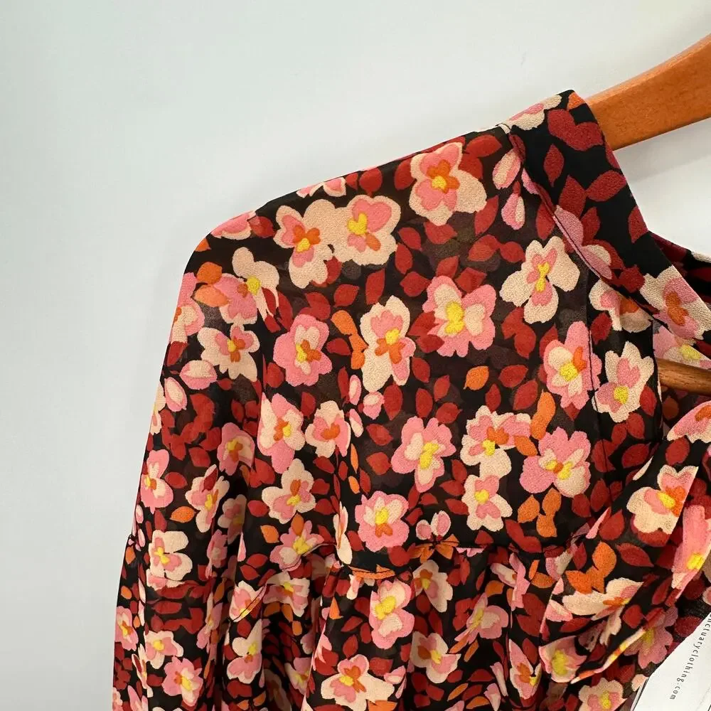 SANCTUARY NWT Tie Neck Floral Ruffle Blouse in Strawberry Fields // XL - Picture 8 of 14